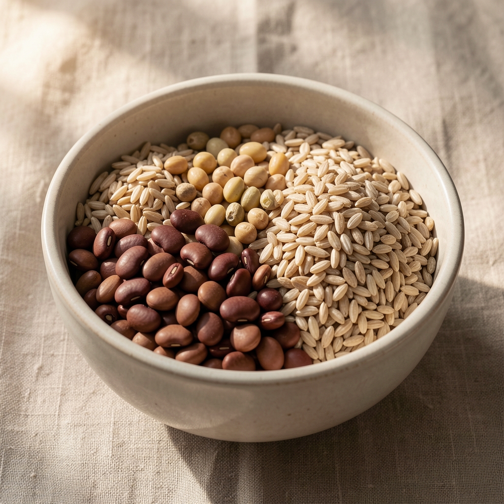 Bowl of whole foods including legumes and grains in natural light, editorial food composition on linen