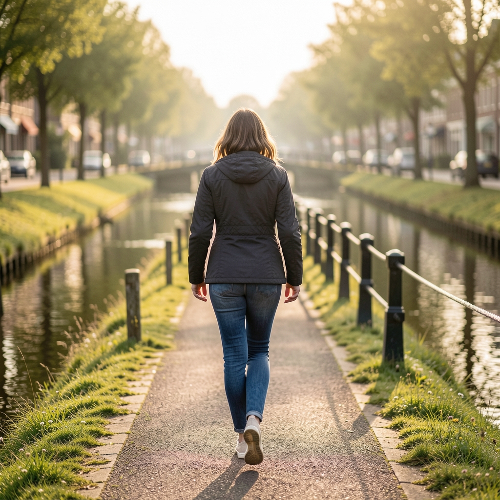Active morning walk along a canal towpath in early light, person in motion viewed from behind, soft focus